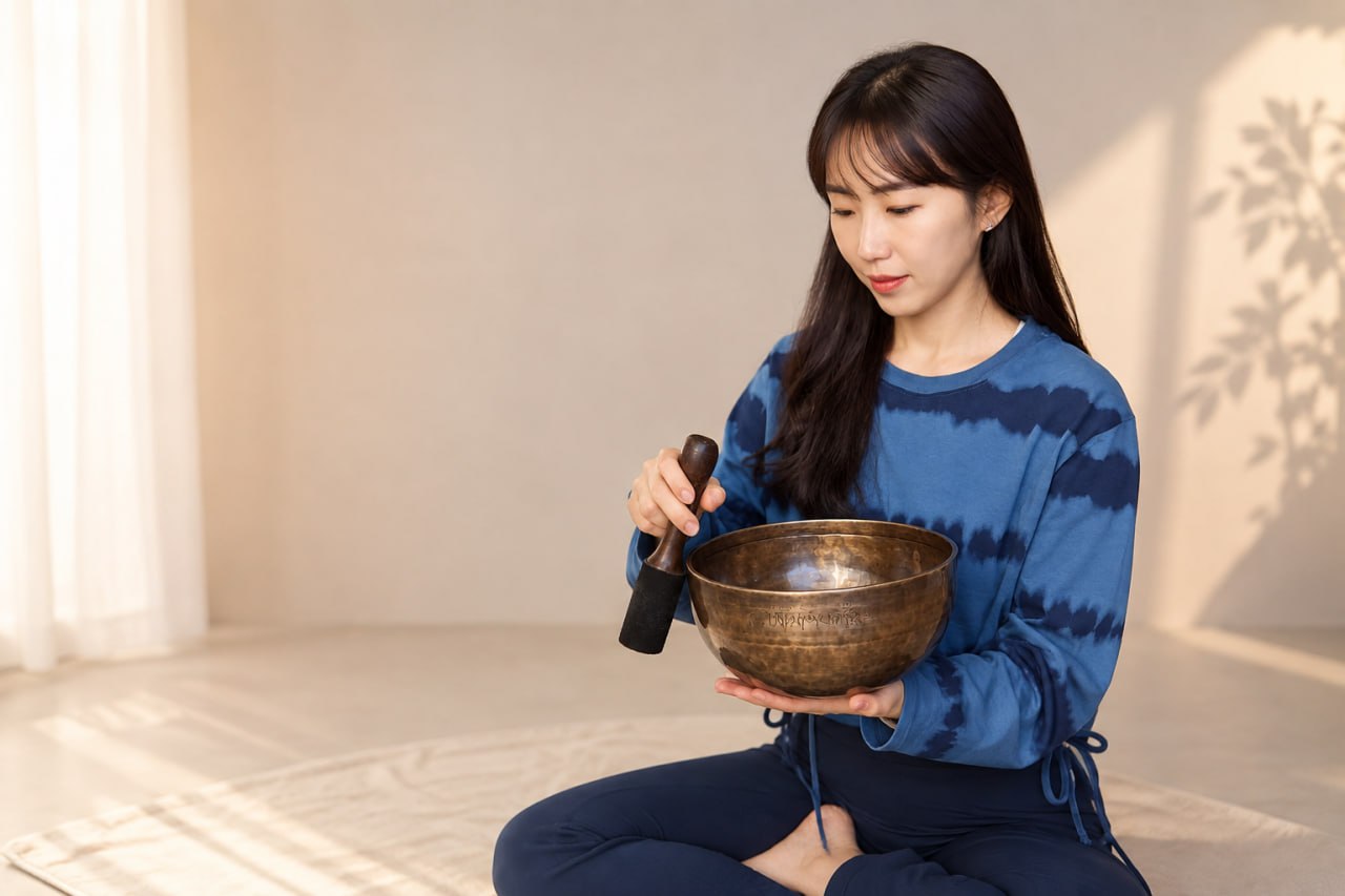 싱잉볼을 들고 몸의 감각과 소리에 집중하는 이미정 교육위원장