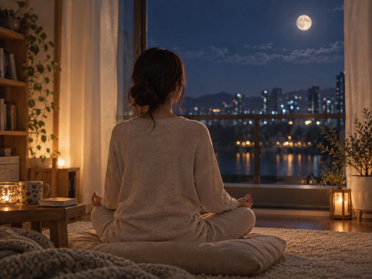 밤 창가에서 자연스러운 호흡을 알아차리며 명상하는 모습을 표현한 이미지